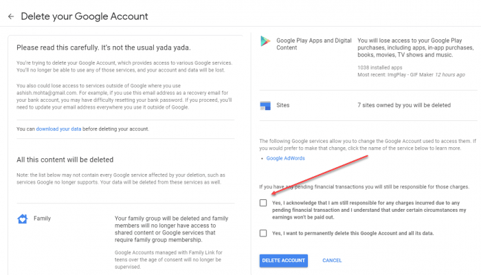 Delete Gmail Google Account
