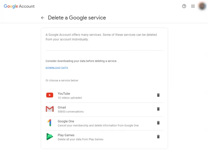 delete individual google service