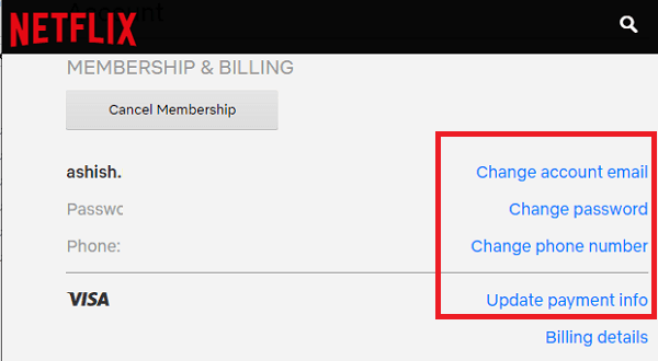 Change Email Phone number Payment Netflix